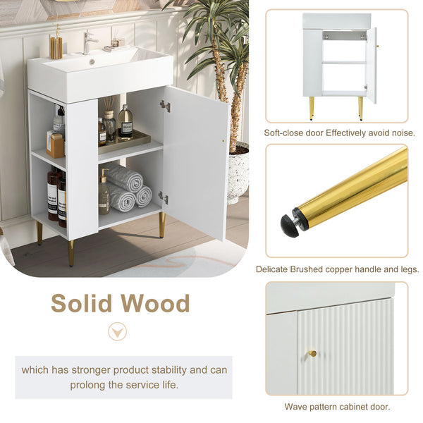 English Elm 21.6" White Left-Side Storage Bathroom Vanity with Ceramic Sink, Gold Legs, Soft-Close Door, Modern Design SV000007AAE