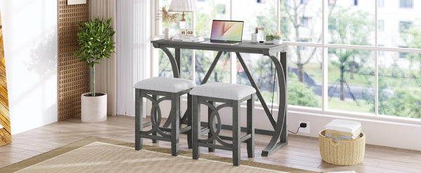 English Elm Topmax Farmhouse Counter Dining Set with Built-in Usb Charging and Upholstered Stools Gray N717P352068E