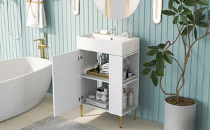 English Elm 21.6" White Bathroom Vanity with Ceramic Sink, Right Side Storage, Gold Legs, Soft-Close, Modern Elegance SV000006AAE