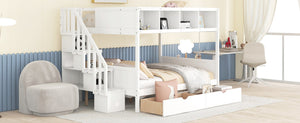 English Elm Twin Over Full Bunk Bed with Storage Staircase Built-in Shelves and Two Drawers White LT000228AAK-2
