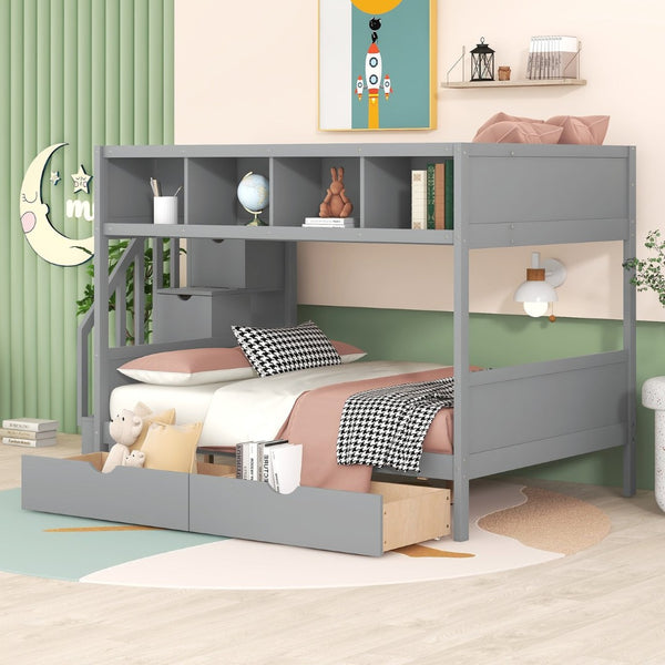 English Elm Twin Over Full Bunk Bed with Storage Staircase Built-in Shelves and Two Drawers Gray LT000228AAE-1