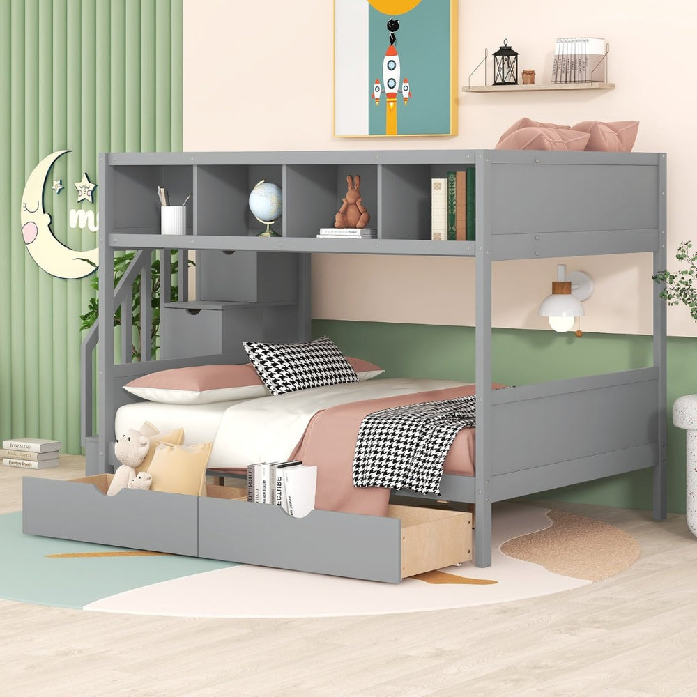 English Elm Twin Over Full Bunk Bed with Storage Staircase Built-in Shelves and Two Drawers Gray LT000228AAE-2