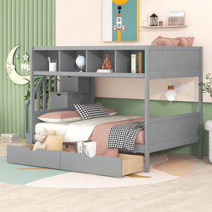 English Elm Twin Over Full Bunk Bed with Storage Staircase Built-in Shelves and Two Drawers Gray LT000228AAE-2