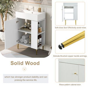 English Elm 21.6" White Bathroom Vanity with Ceramic Sink, Right Side Storage, Gold Legs, Soft-Close, Modern Elegance SV000006AAE