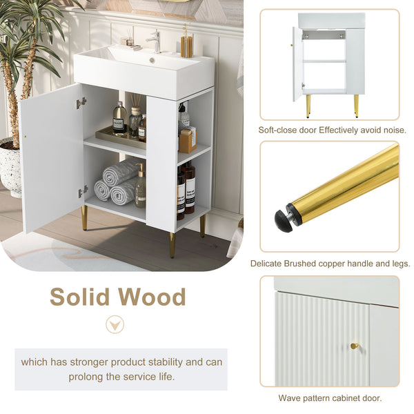 English Elm 21.6" White Bathroom Vanity with Ceramic Sink, Right Side Storage, Gold Legs, Soft-Close, Modern Elegance SV000006AAE