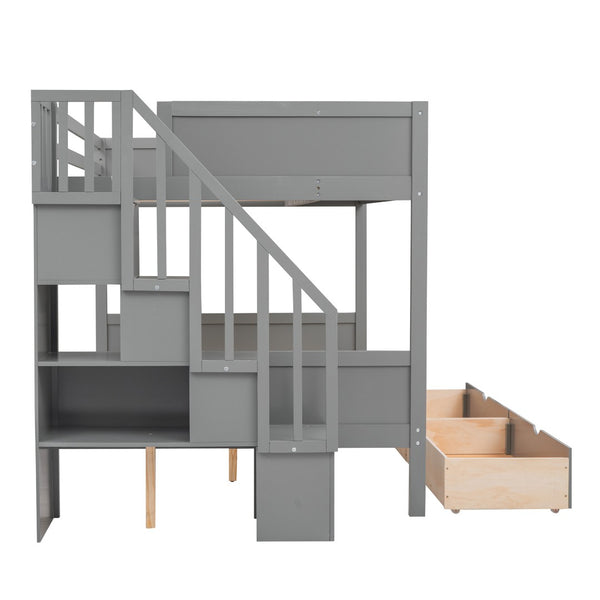 English Elm Twin Over Full Bunk Bed with Storage Staircase Built-in Shelves and Two Drawers Gray LT000228AAE-1