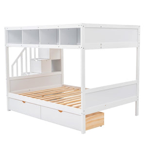 English Elm Twin Over Full Bunk Bed with Storage Staircase Built-in Shelves and Two Drawers White LT000228AAK-2