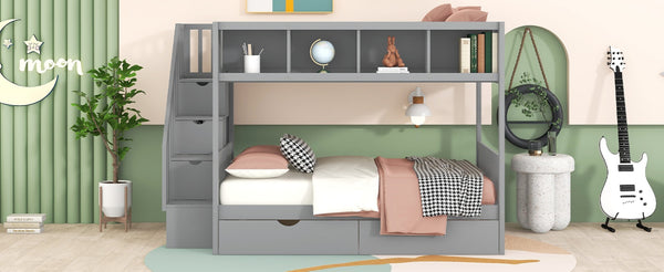 English Elm Twin Over Full Bunk Bed with Storage Staircase Built-in Shelves and Two Drawers Gray LT000228AAE-2