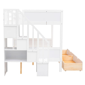 English Elm Twin Over Full Bunk Bed with Storage Staircase Built-in Shelves and Two Drawers White LT000228AAK-2