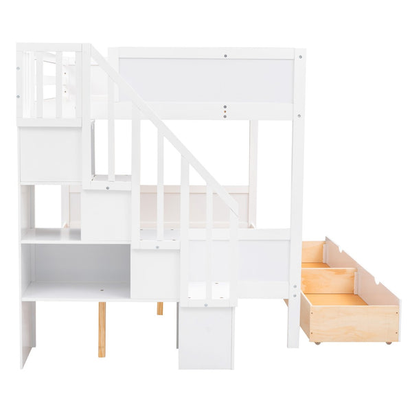English Elm Twin Over Full Bunk Bed with Storage Staircase Built-in Shelves and Two Drawers White LT000228AAK-1