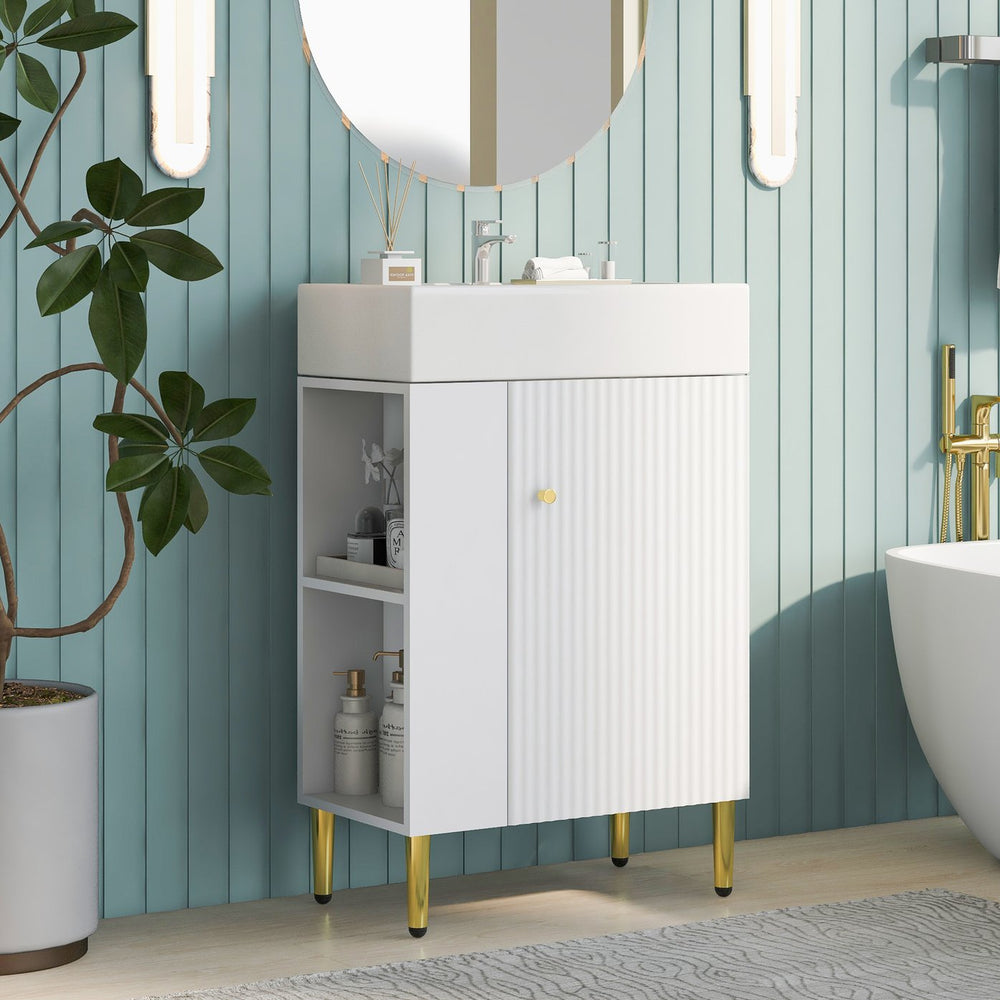 English Elm 21.6" White Left-Side Storage Bathroom Vanity with Ceramic Sink, Gold Legs, Soft-Close Door, Modern Design SV000007AAE