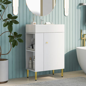 English Elm 21.6" White Left-Side Storage Bathroom Vanity with Ceramic Sink, Gold Legs, Soft-Close Door, Modern Design SV000007AAE