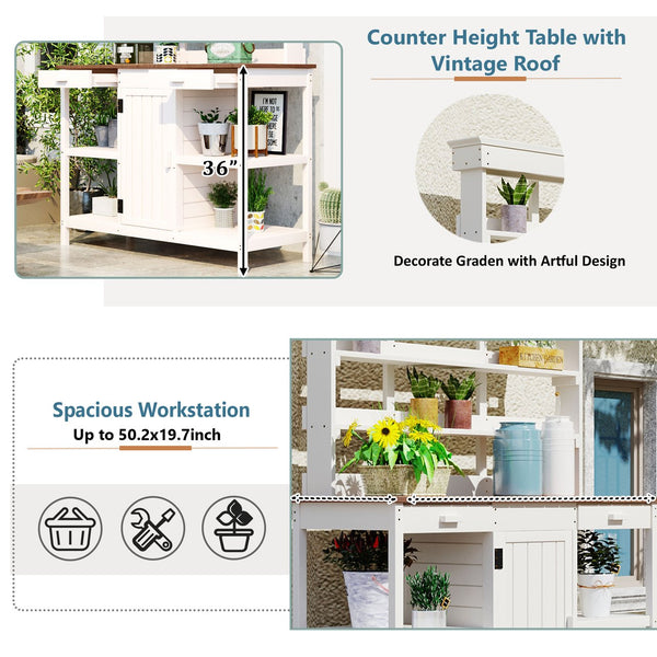 English Elm TOPMAX 66" Wooden Potting Bench with 36" Counter Height, 2 Drawers, Cabinet & Spacious Workstation White WF300211AAK