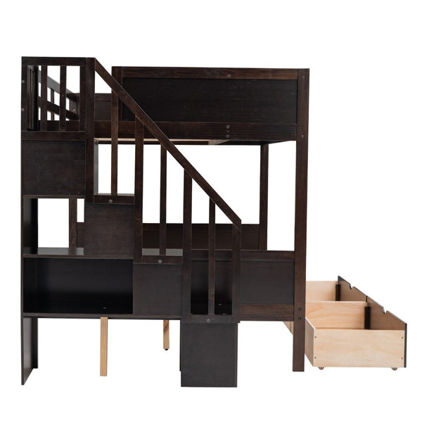 English Elm Twin Over Full Bunk Bed with Storage Staircase Built-in Shelves and Two Drawers Espresso LT000228AAP-2