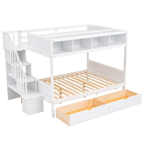 English Elm Twin Over Full Bunk Bed with Storage Staircase Built-in Shelves and Two Drawers White LT000228AAK-2