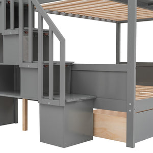 English Elm Twin Over Full Bunk Bed with Storage Staircase Built-in Shelves and Two Drawers Gray LT000228AAE-1