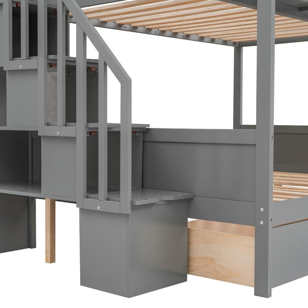 English Elm Twin Over Full Bunk Bed with Storage Staircase Built-in Shelves and Two Drawers Gray LT000228AAE-1
