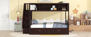 English Elm Twin Over Full Bunk Bed with Storage Staircase Built-in Shelves and Two Drawers Espresso LT000228AAP-1