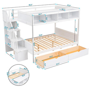 English Elm Twin Over Full Bunk Bed with Storage Staircase Built-in Shelves and Two Drawers White LT000228AAK-1