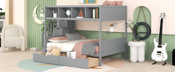English Elm Twin Over Full Bunk Bed with Storage Staircase Built-in Shelves and Two Drawers Gray LT000228AAE-2