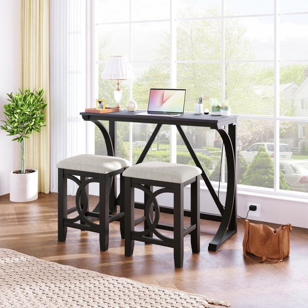 English Elm Topmax Farmhouse Counter Dining Set with Built-in Usb Charging and Upholstered Stools Espresso N717P352068P