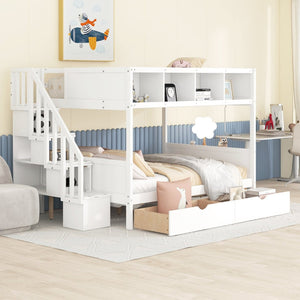 English Elm Twin Over Full Bunk Bed with Storage Staircase Built-in Shelves and Two Drawers White LT000228AAK-1