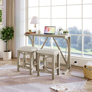 English Elm Topmax Farmhouse Counter Dining Set with Built-in Usb Charging and Upholstered Stools White N717P352068A