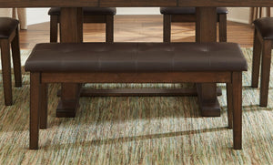 English Elm Transitional Wooden Bench 46" Rustic Brown Finish with Button-Tufted Brown Faux Leather Seat, Stylish Dining B01176990