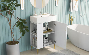 English Elm 21.6" White Left-Side Storage Bathroom Vanity with Ceramic Sink, Gold Legs, Soft-Close Door, Modern Design SV000007AAE