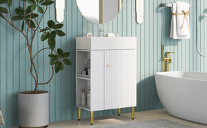 English Elm 21.6" White Left-Side Storage Bathroom Vanity with Ceramic Sink, Gold Legs, Soft-Close Door, Modern Design SV000007AAE