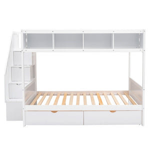 English Elm Twin Over Full Bunk Bed with Storage Staircase Built-in Shelves and Two Drawers White LT000228AAK-1