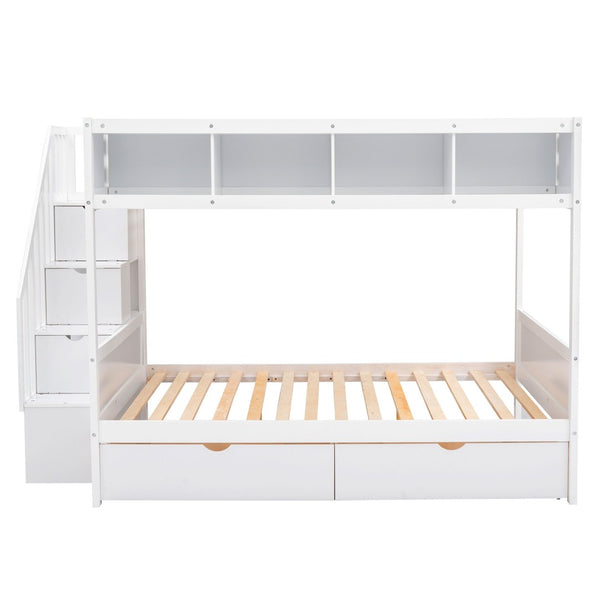English Elm Twin Over Full Bunk Bed with Storage Staircase Built-in Shelves and Two Drawers White LT000228AAK-1