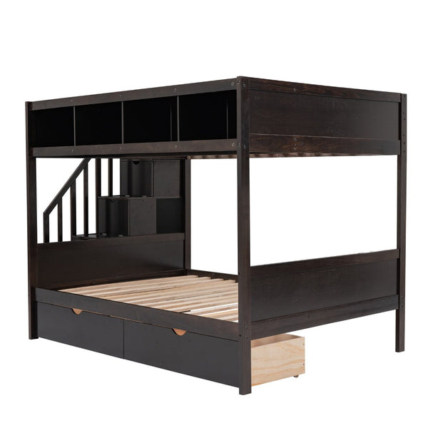 English Elm Twin Over Full Bunk Bed with Storage Staircase Built-in Shelves and Two Drawers Espresso LT000228AAP-2