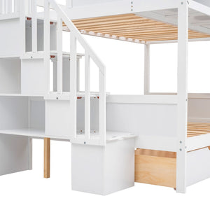 English Elm Twin Over Full Bunk Bed with Storage Staircase Built-in Shelves and Two Drawers White LT000228AAK-2