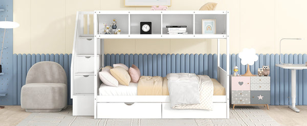English Elm Twin Over Full Bunk Bed with Storage Staircase Built-in Shelves and Two Drawers White LT000228AAK-1