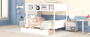 English Elm Twin Over Full Bunk Bed with Storage Staircase Built-in Shelves and Two Drawers White LT000228AAK-1