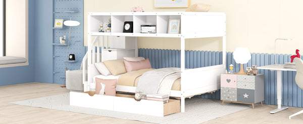 English Elm Twin Over Full Bunk Bed with Storage Staircase Built-in Shelves and Two Drawers White LT000228AAK-1