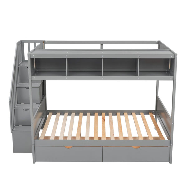 English Elm Twin Over Full Bunk Bed with Storage Staircase Built-in Shelves and Two Drawers Gray LT000228AAE-1