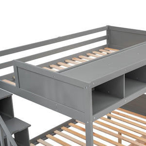 English Elm Twin Over Full Bunk Bed with Storage Staircase Built-in Shelves and Two Drawers Gray LT000228AAE-1