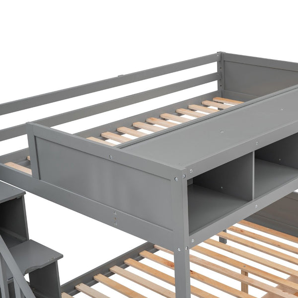 English Elm Twin Over Full Bunk Bed with Storage Staircase Built-in Shelves and Two Drawers Gray LT000228AAE-1