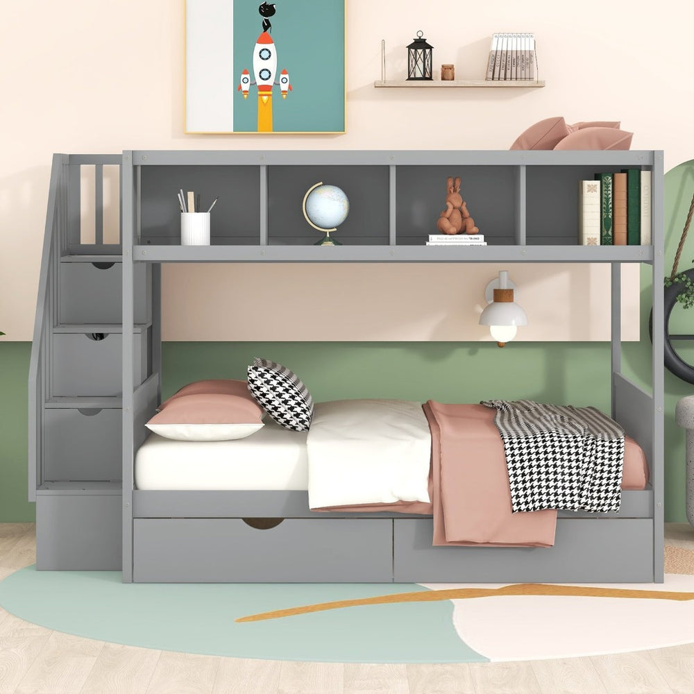 English Elm Twin Over Full Bunk Bed with Storage Staircase Built-in Shelves and Two Drawers Gray LT000228AAE-2