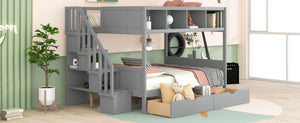 English Elm Twin Over Full Bunk Bed with Storage Staircase Built-in Shelves and Two Drawers Gray LT000228AAE-2