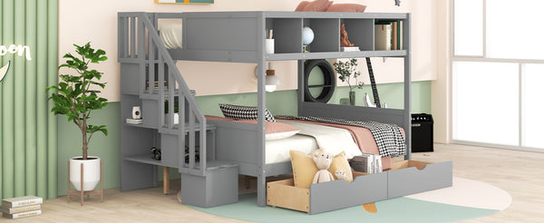 English Elm Twin Over Full Bunk Bed with Storage Staircase Built-in Shelves and Two Drawers Gray LT000228AAE-2
