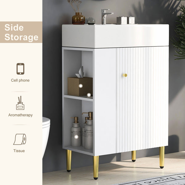 English Elm 21.6" White Left-Side Storage Bathroom Vanity with Ceramic Sink, Gold Legs, Soft-Close Door, Modern Design SV000007AAE