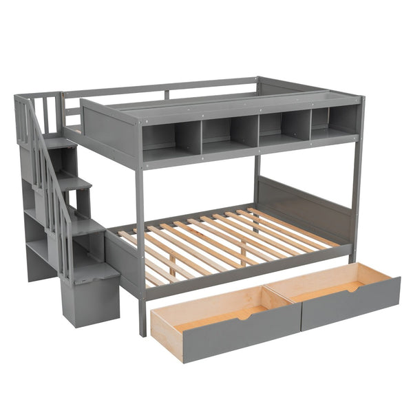 English Elm Twin Over Full Bunk Bed with Storage Staircase Built-in Shelves and Two Drawers Gray LT000228AAE-2