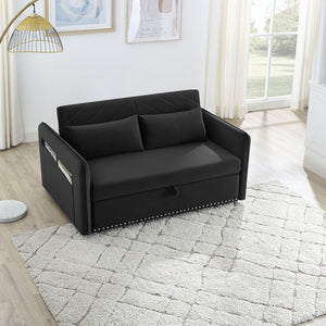 English Elm MH" Velvet Sleeper Sofa Bed with USB Port, Pull-Out 3-in-1 Convertible Futon, Storage Pocket & Pillows Black W119362742