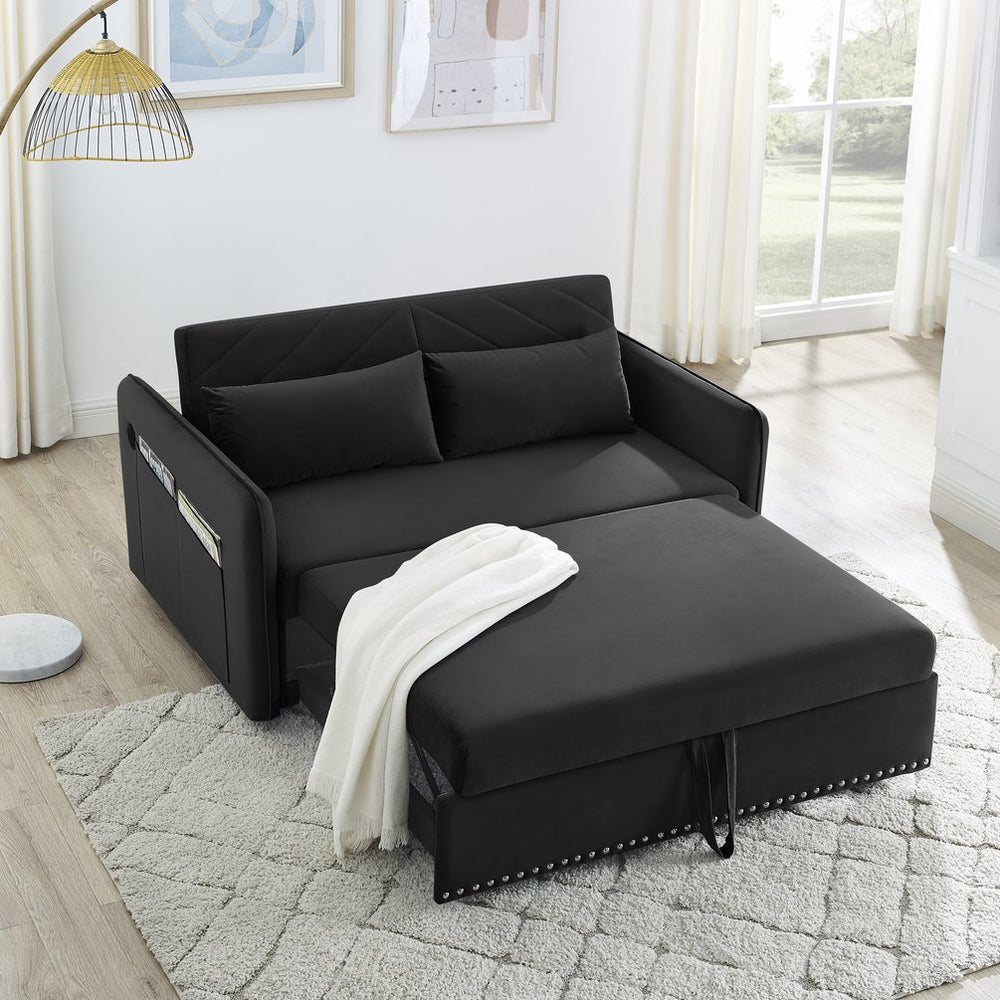 English Elm MH" Velvet Sleeper Sofa Bed with USB Port, Pull-Out 3-in-1 Convertible Futon, Storage Pocket & Pillows Black W119362742