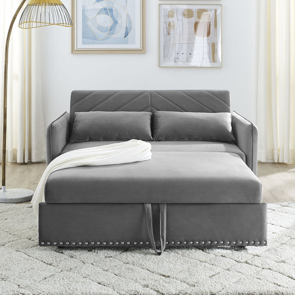 English Elm MH" Velvet Sleeper Sofa Bed with USB Port, Pull-Out 3-in-1 Convertible Futon, Storage Pocket & Pillows Grey W119362743