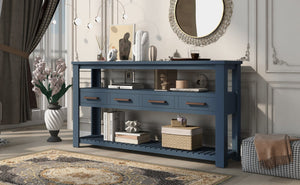 English Elm U_style Slim Wood Console Table with 4 Drawers Open Shelves for Entryway or Living Room WF298909AAV