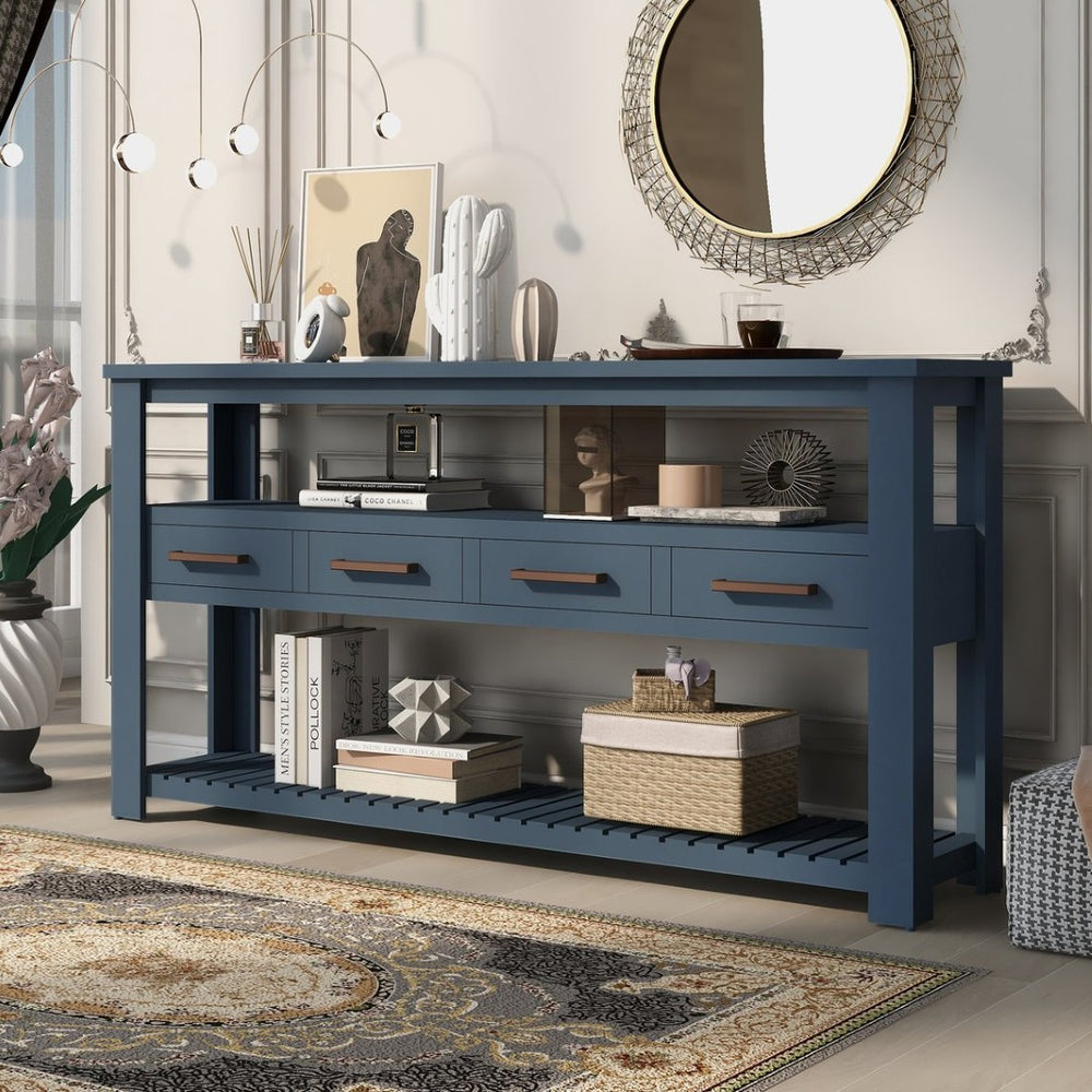 English Elm U_style Slim Wood Console Table with 4 Drawers Open Shelves for Entryway or Living Room WF298909AAV
